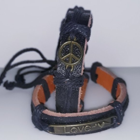 Hand Crafted Jewelry - Hand Crafted Black Leather Bracelets Peace & Love